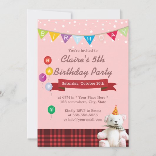 Cute Teddy Bear Girl Birthday Party Invitations Kaart (Voorkant)