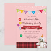 Cute Teddy Bear Girl Birthday Party Invitations Kaart (Voorkant / Achterkant)