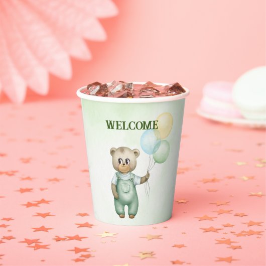 cute teddy bear green background papieren bekers (Insitu)