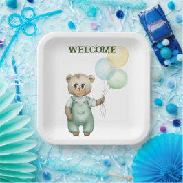 cute teddy bear green background papieren bordje