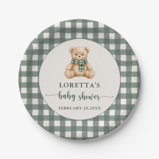 Cute Teddy Bear Green Plaid Baby Shower Papieren Bordje
