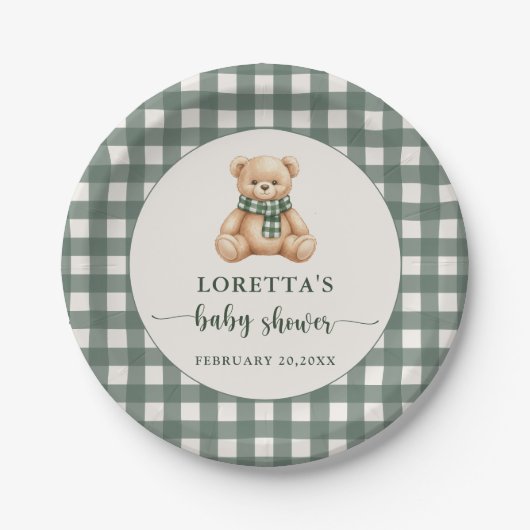 Cute Teddy Bear Green Plaid Baby Shower Papieren Bordje (Voorkant)