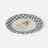 Cute Teddy Bear Green Plaid Baby Shower Papieren Bordje (Gekanteld)