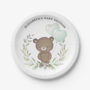 Cute Teddy Bear Greenery Baby shower 1e verjaardag Papieren Bordje