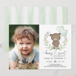 Cute Teddy Bear Greenery Balloons Neutral Birthday Kaart