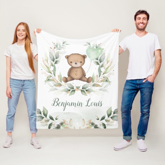 Cute Teddy Bear Greenery Gold Balloon Nursery Baby Fleece Deken (In situ)