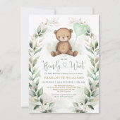 Cute Teddy Bear Greenery Gold Neutral Baby shower Kaart (Voorkant)