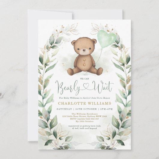 Cute Teddy Bear Greenery Gold Neutral Baby shower Kaart (Voorkant)