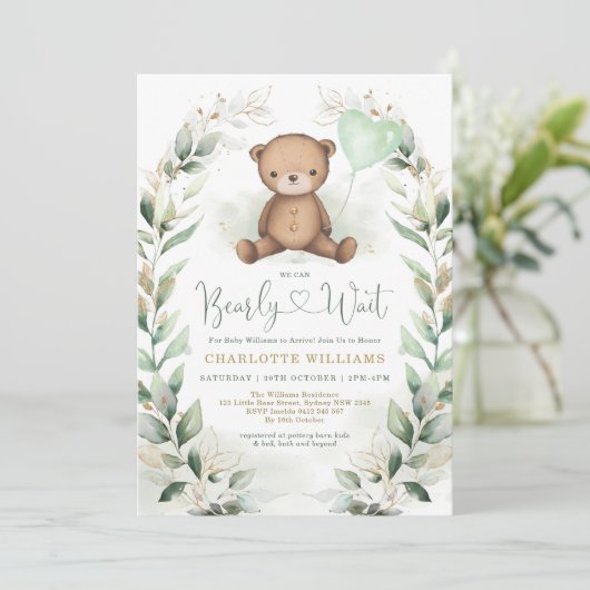 Cute Teddy Bear Greenery Gold Neutral Baby shower Kaart (Staand voorkant)