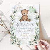 Cute Teddy Bear Greenery Gold Neutral Baby shower Kaart