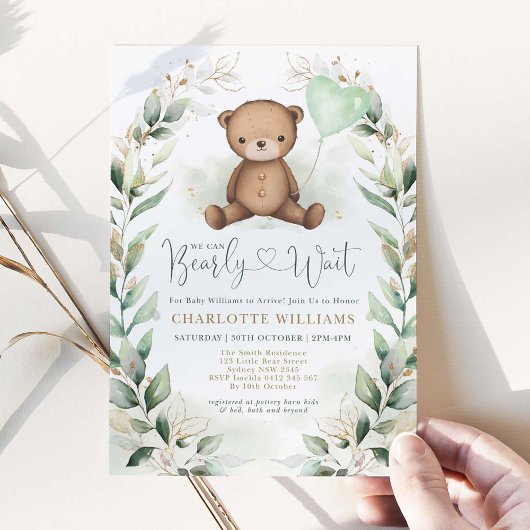 Cute Teddy Bear Greenery Gold Neutral Baby shower Kaart