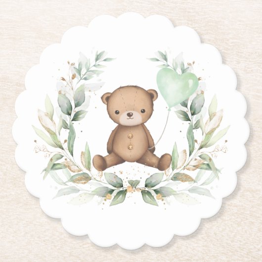 Cute Teddy Bear Greenery Wreath Sage Balloon Kartonnen Onderzetters (Voorkant)
