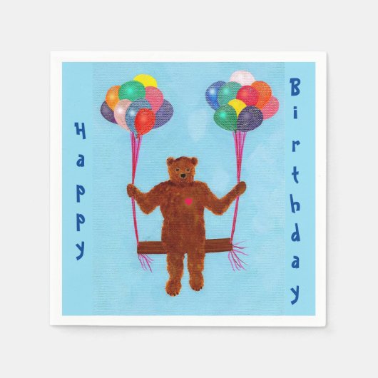 Cute Teddy Bear Happy Birthday Balloons Napkins Servetten (Voorkant)