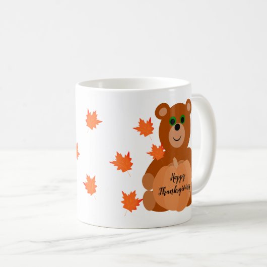 Cute Teddy Bear Happy Thanksgiving Pumpkin Leaves Koffiemok (Voorkant rechts)
