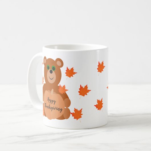 Cute Teddy Bear Happy Thanksgiving Pumpkin Leaves Koffiemok (Voorkant links)