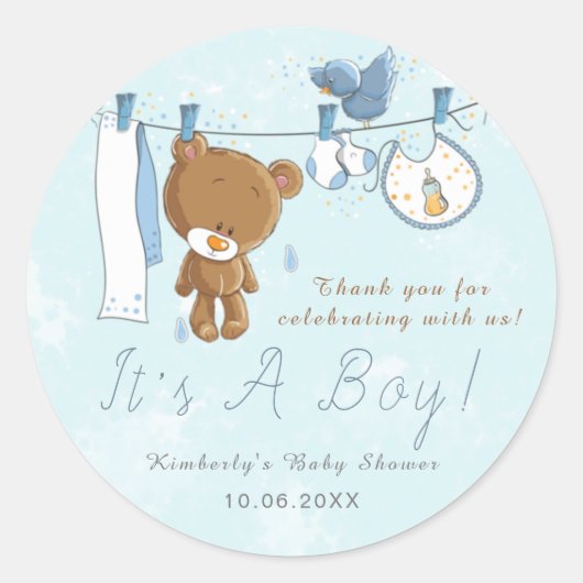 Cute Teddy Bear Het is een jongen Blue Dank je Ronde Sticker (Voorkant)