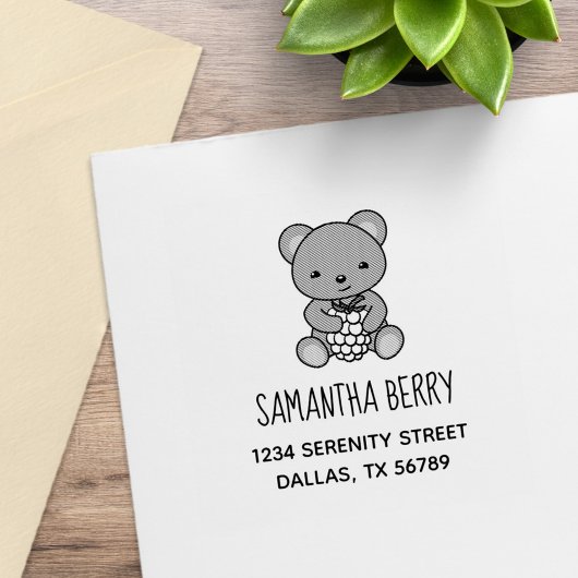 Cute Teddy Bear Holding a Berry Address Rubberstempel