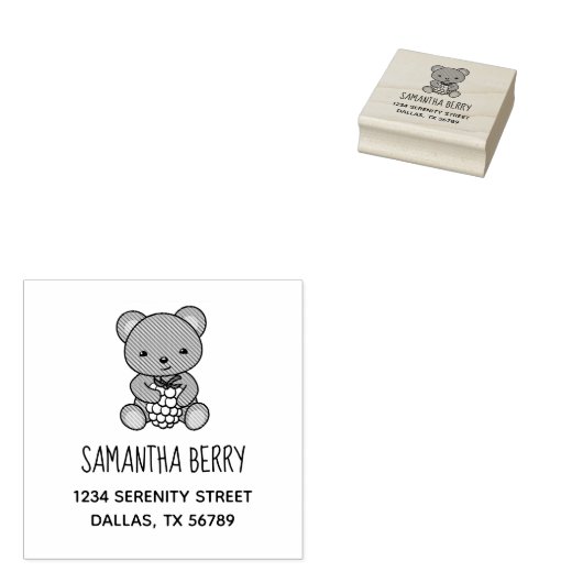 Cute Teddy Bear Holding a Berry Address Rubberstempel (Gestempeld)