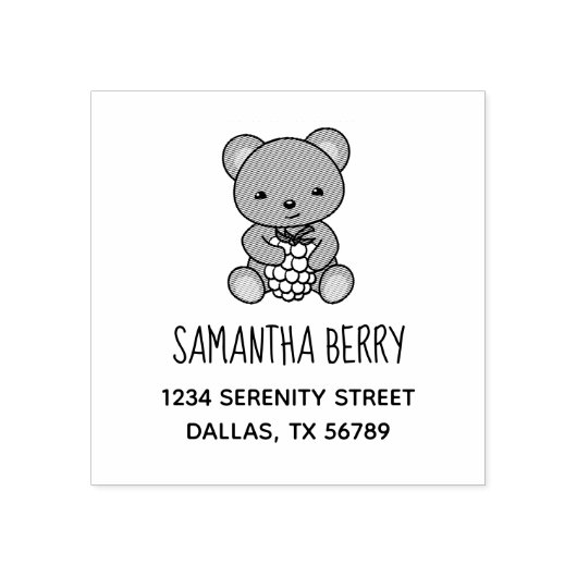 Cute Teddy Bear Holding a Berry Address Rubberstempel (Afrduk)