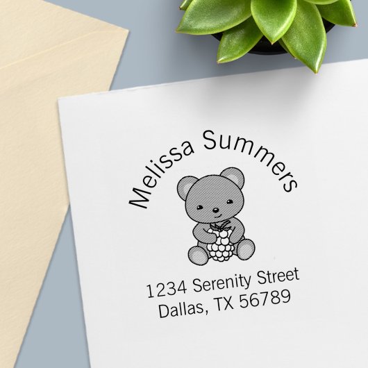 Cute Teddy Bear Holding Berry Arch Address Zelfinktende Stempel