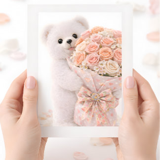 Cute Teddy Bear Holding Blush Peach Rose Bouquet  Kaart