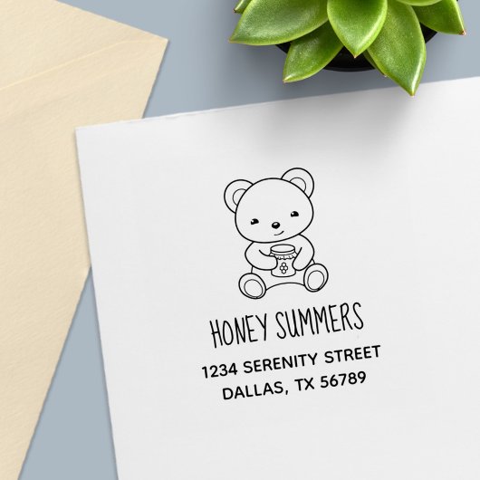 Cute Teddy Bear Holding Honey Jar Address Zelfinktende Stempel
