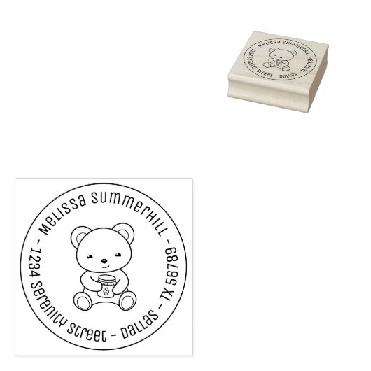 Cute Teddy Bear Holding Honey Jar Round Address Rubberstempel (Gestempeld)