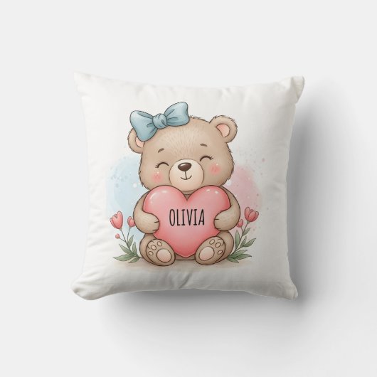 Cute Teddy Bear Holding Pink Heart Kussen (Voorkant)