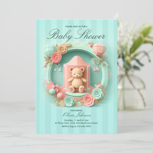 Cute Teddy Bear in een Lijst | Uitnodiging van Bab (Staand voorkant)