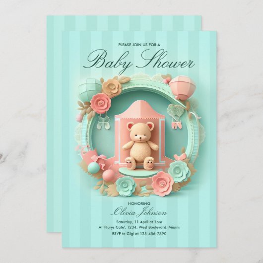 Cute Teddy Bear in een Lijst | Uitnodiging van Bab (Voorkant / Achterkant)