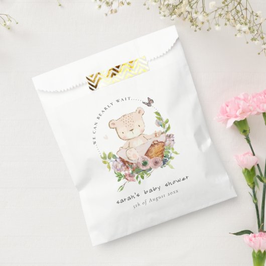 Cute Teddy Bear in Flower Basket Pink Baby shower Bedankzakje (Gezegeld)