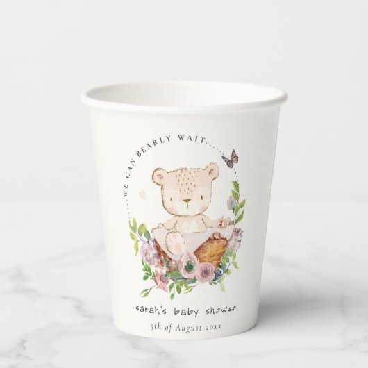 Cute Teddy Bear in Flower Basket Pink Baby shower Papieren Bekers (Achterkant)