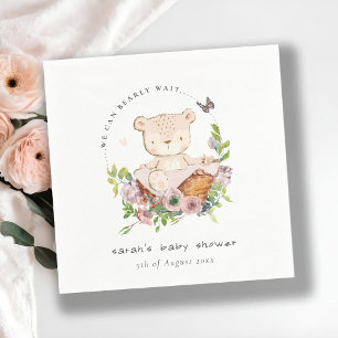 Cute Teddy Bear in Flower Basket Pink Baby shower Servet