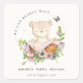 Cute Teddy Bear in Flower Basket Pink Baby shower Vierkante Sticker