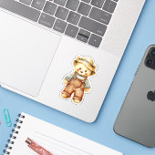 Cute Teddy Bear in Overalls Sticker (Laptop met iPhone)