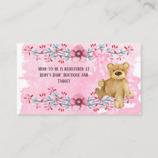 Cute Teddy Bear in Pink Paint Baby shower Registry Visitekaartje (Achterkant)