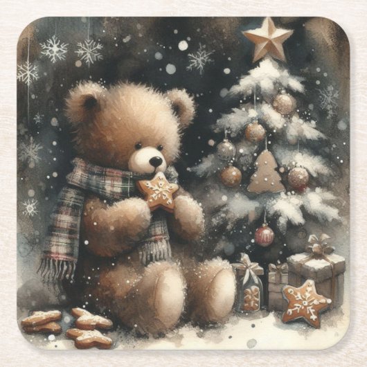 Cute Teddy Bear Kerstmis Kartonnen Onderzetters (Voorkant)