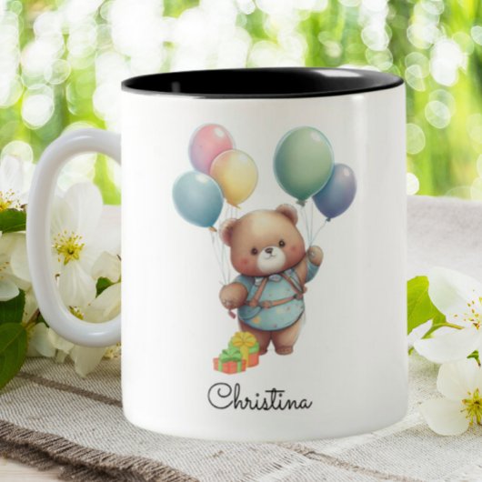 Cute Teddy Bear met ballonnen gepersonaliseerd Tweekleurige Koffiemok