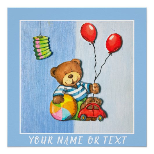 Cute Teddy Bear met Balloons Ball Car Kind Perfect Poster (Voorkant)