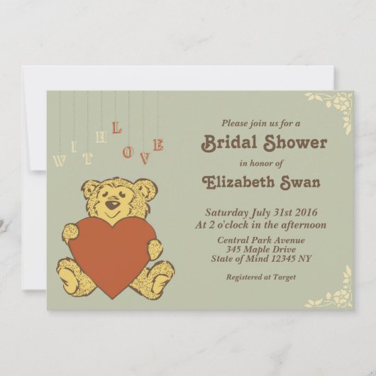 Cute Teddy Bear met Love Bridal Shower Uitnodiging (Voorkant)