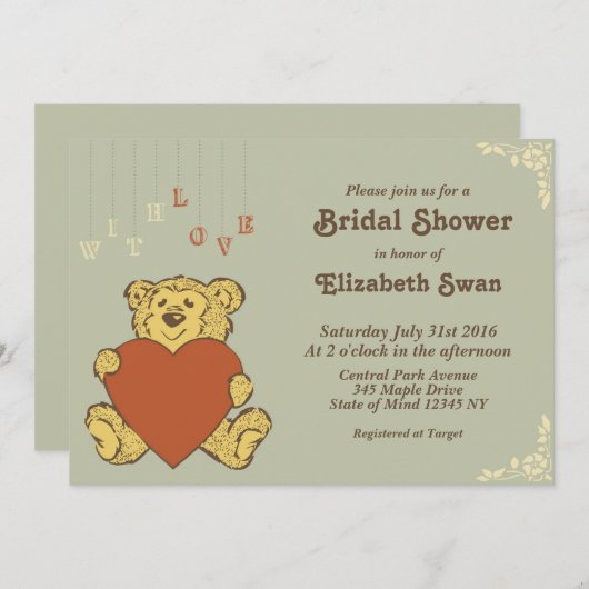 Cute Teddy Bear met Love Bridal Shower Uitnodiging (Voorkant / Achterkant)