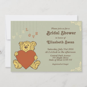 Cute Teddy Bear met Love Bridal Shower Uitnodiging