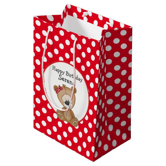 Cute Teddy Bear met Polka Dots Birthday Medium Cadeauzakje (Voorkant Gekanteld)