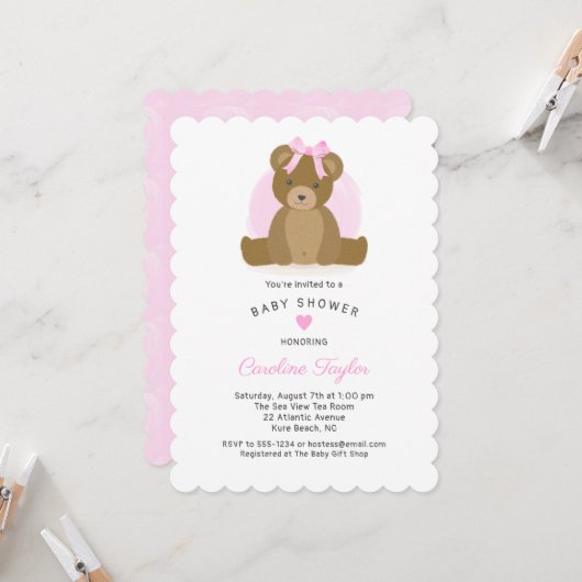 Cute Teddy Bear met Roze Bow Baby Girl Shower Kaart (Voorkant / Achterkant in situ)