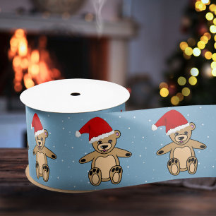 Cute Teddy Bear met Santa Hat Blue Kerstmis Satijnen Lint