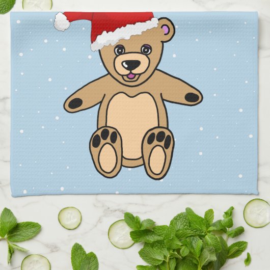Cute Teddy Bear met Santa Hat Blue Kerstmis Theedoek (Gevouwen)