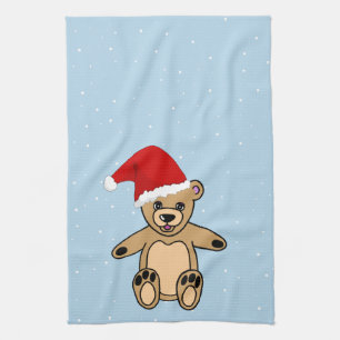 Cute Teddy Bear met Santa Hat Blue Kerstmis Theedoek