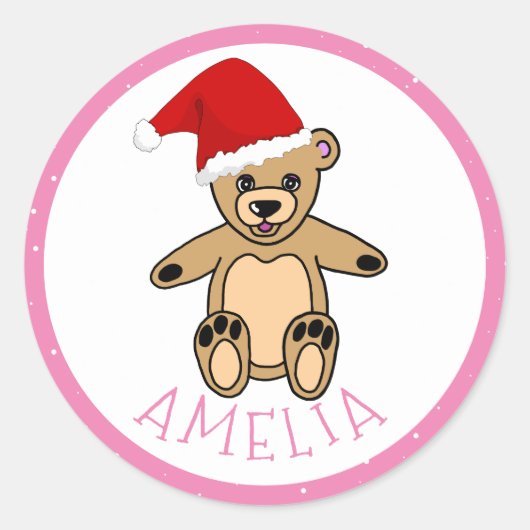 Cute Teddy Bear met Santa Hat Kerstmis Ki Ronde Sticker (Voorkant)