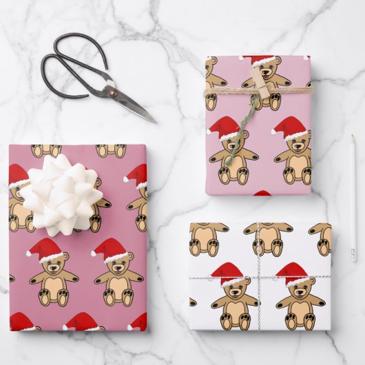 Cute Teddy Bear met Santa Hat Pink Kerstmis Inpakpapier Vel (Voorkant)