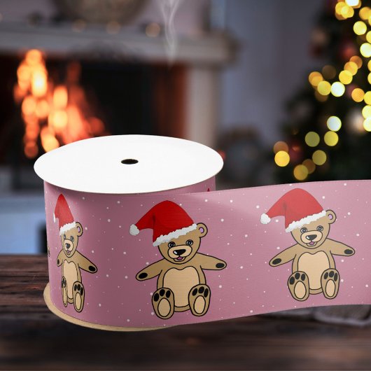 Cute Teddy Bear met Santa Hat Pink Kerstmis Satijnen Lint